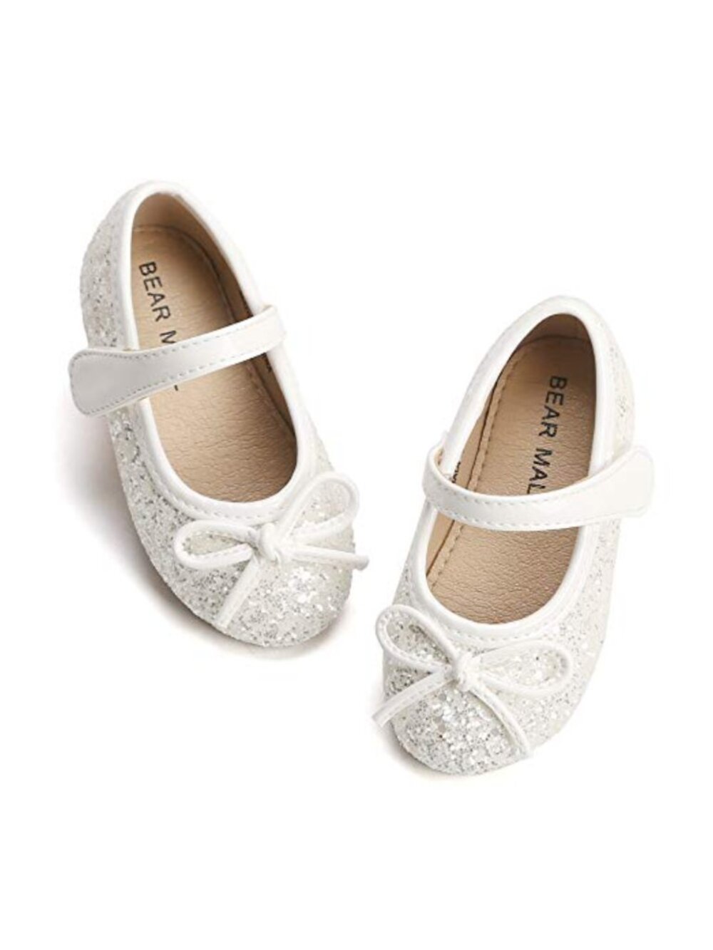 Girls Ballerina Flat Mary Jane Dress Shoes Hook & Loop Glitter Lightweight